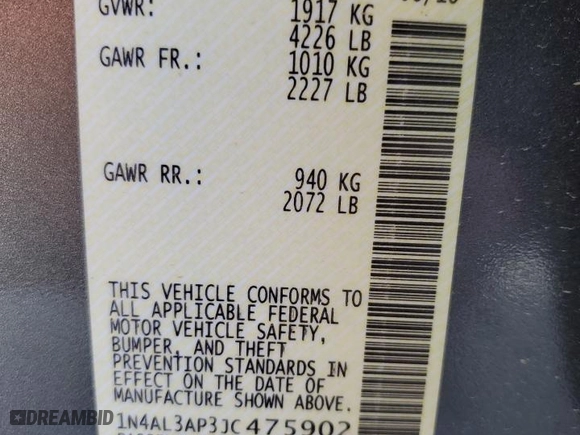 2018 Nissan Altima 2.5 SV with VIN 1N4AL3AP3JC475902, listed as a Copart auction lot 80226994 with 66,604 mi miles and Salvage Title. Bid and sale history available at carsss.com. Image 12.