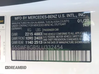 2020 Mercedes-Benz C 63 AMG with VIN 55SWF8GB5LU332454, listed as a IAAI auction lot 41702800 with 54,098 mi miles and . Bid and sale history available at DreamBid. Image 9.