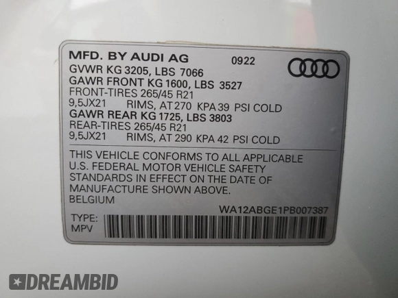 2023 Audi e-tron Sportback Premium Plus z VIN WA12ABGE1PB007387, wystawiony jako Copart lot #50734225 z przebiegiem 48 484 mil mil oraz Szkoda całkowita • Salvage title. Historia ofert i sprzedaży dostępna na DreamBid. Obrazek 12.