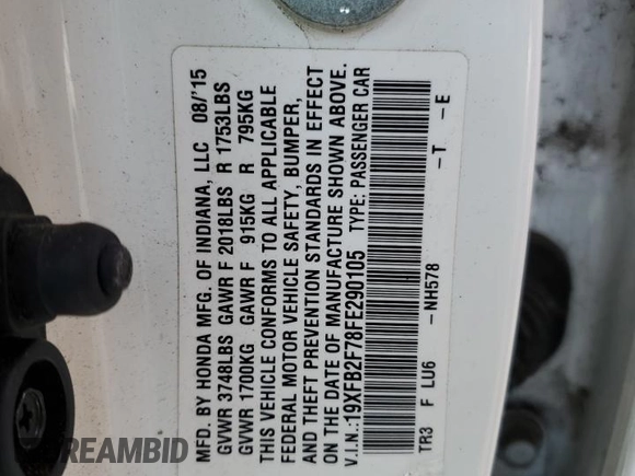 2015 Honda Civic Sedan SE with VIN 19XFB2F78FE290105, listed as a Copart auction lot 48564905 with 0 mi miles and Clean Title. Bid and sale history available at carsss.com. Image 12.