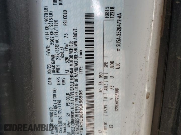 2023 Ford Transit Cargo with VIN 1FTBR1C86PKA86595, listed as a Copart auction lot 44908465 with 2,537 mi miles and Salvage Title. Bid and sale history available at carsss.com. Image 13.
