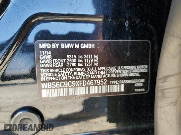 2015 BMW M6 z VIN WBS6C9C5XFD467952, wystawiony jako Copart lot #46312895 z przebiegiem 79 807 mil mil oraz Szkoda całkowita • Salvage title. Historia ofert i sprzedaży dostępna na DreamBid. Obrazek 12.