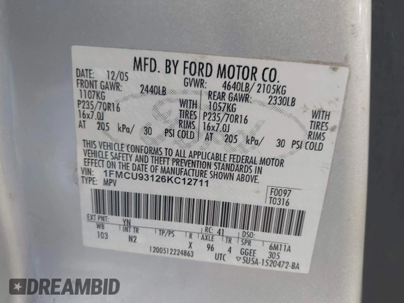 2006 Ford Escape XLT with VIN 1FMCU93126KC12711, listed as a IAAI auction lot 42659618 with 180,611 mi miles and . Bid and sale history available at DreamBid. Image 9.