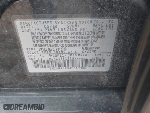 2018 Nissan Sentra S with VIN 3N1AB7AP3JY313380, listed as a IAAI auction lot 41961903 with 73,453 mi miles and . Bid and sale history available at DreamBid. Image 9.
