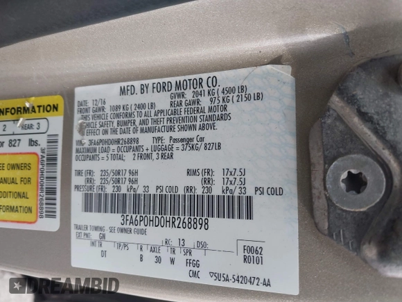 2017 Ford Fusion SE with VIN 3FA6P0HD0HR268898, listed as a IAAI auction lot 41940765 with 128,509 mi miles and . Bid and sale history available at DreamBid. Image 9.