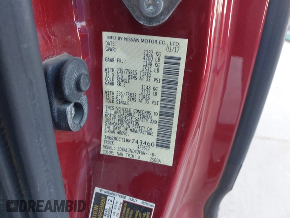 2017 Nissan Frontier S z VIN 1N6BD0CT1HN743460, wystawiony jako IAAI lot #42205104 z przebiegiem 139 333 mil mil oraz . Historia ofert i sprzedaży dostępna na DreamBid. Obrazek 9.