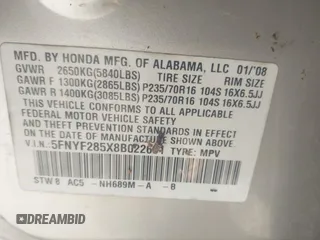 2008 Honda Pilot EX-L z VIN 5FNYF285X8B022601, wystawiony jako IAAI lot #41693222 z przebiegiem 119 753 mil mil oraz . Historia ofert i sprzedaży dostępna na DreamBid. Obrazek 9.