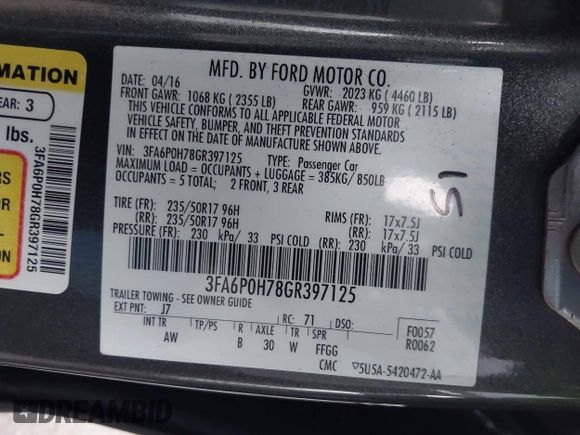 2016 Ford Fusion SE with VIN 3FA6P0H78GR397125, listed as a IAAI auction lot 42039241 with 98,936 mi miles and . Bid and sale history available at carsss.com. Image 9.