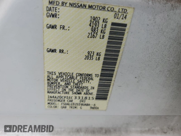 2014 Nissan LEAF SL with VIN 1N4AZ0CP1EC331815, listed as a Copart auction lot 49393085 with 76,817 mi miles and Salvage Title. Bid and sale history available at carsss.com. Image 12.