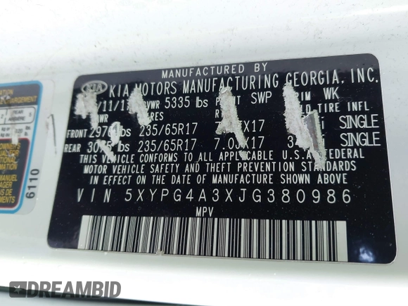 2018 Kia Sorento LX with VIN 5XYPG4A3XJG380986, listed as a IAAI auction lot 41732312 with 86,927 mi miles. Bid and sale history available at carsss.com. Image 9.