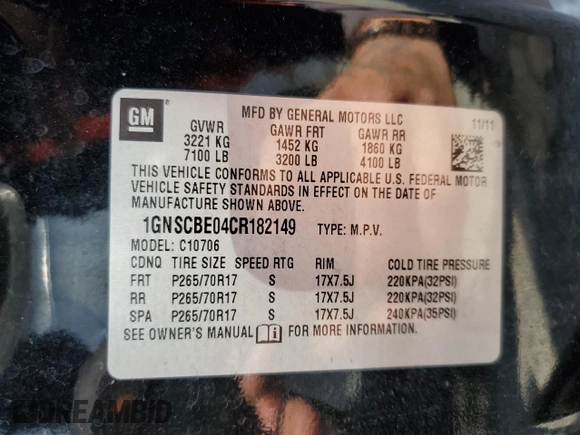 2012 Chevrolet Tahoe LT with VIN 1GNSCBE04CR182149, listed as a Copart auction lot 55094645 with 166,151 mi miles and Clean title. Bid and sale history available at DreamBid. Image 13.