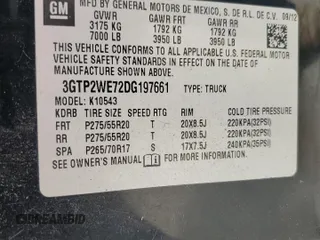 2013 GMC Sierra 1500 SLT with VIN 3GTP2WE72DG197661, listed as a Copart auction lot 60703615 with 132,503 mi miles and Salvage title. Bid and sale history available at DreamBid. Image 12.