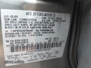 2005 Ford Five Hundred Limited with VIN 1FAFP25135G184101, listed as a IAAI auction lot 42577022 with 177,247 mi miles and . Bid and sale history available at DreamBid. Image 9.