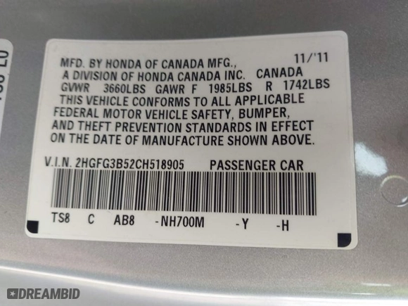 2012 Honda Civic Cpe LX with VIN 2HGFG3B52CH518905, listed as a IAAI auction lot 41689019 with 272,657 mi miles. Bid and sale history available at carsss.com. Image 8.