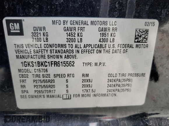 2015 GMC Yukon SLT with VIN 1GKS1BKC1FR615562, listed as a Copart auction lot 46374135 with 141,207 mi miles and Salvage Title. Bid and sale history available at carsss.com. Image 15.