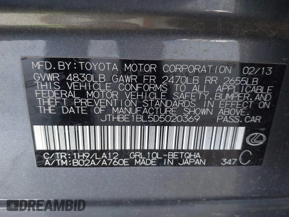 2013 Lexus GS 350 with VIN JTHBE1BL5D5020369, listed as a IAAI auction lot 42127289 with 192,601 mi miles and . Bid and sale history available at DreamBid. Image 9.