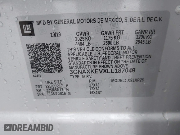 2020 Chevrolet Equinox LT with VIN 3GNAXKEVXLL187049, listed as a IAAI auction lot 41459248 with 59,291 mi miles. Bid and sale history available at carsss.com. Image 9.