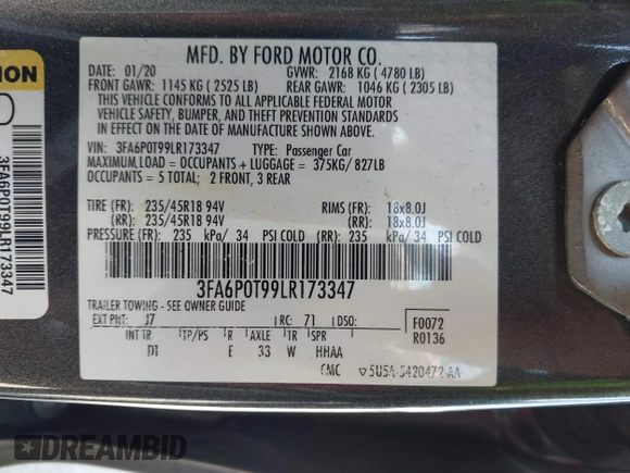 2020 Ford Fusion SE with VIN 3FA6P0T99LR173347, listed as a IAAI auction lot 42090457 with 118,359 mi miles and . Bid and sale history available at DreamBid. Image 9.