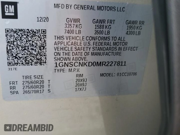 2021 Chevrolet Tahoe LT with VIN 1GNSCNKD0MR227811, listed as a Copart auction lot 54893005 with 48,150 mi miles and Salvage title. Bid and sale history available at DreamBid. Image 13.