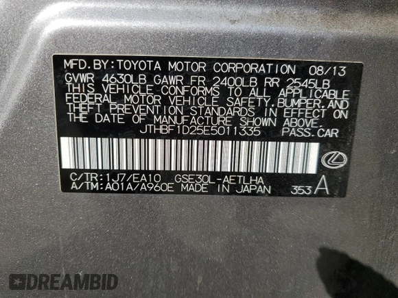 2014 Lexus IS 250 z VIN JTHBF1D25E5011335, wystawiony jako Copart lot #57216325 z przebiegiem 67 839 mil mil oraz Szkoda całkowita • Salvage title. Historia ofert i sprzedaży dostępna na DreamBid. Obrazek 13.