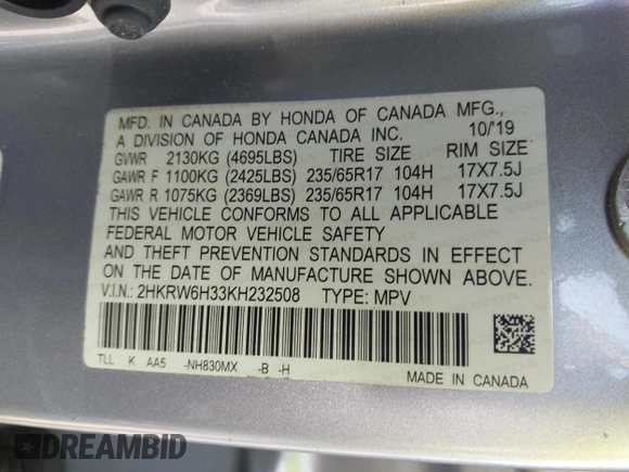 2019 Honda CR-V LX with VIN 2HKRW6H33KH232508, listed as a IAAI auction lot 41922985 with 49,720 mi miles. Bid and sale history available at carsss.com. Image 9.