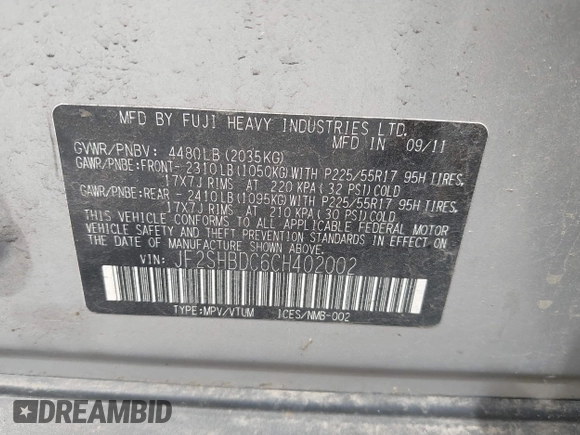 2012 Subaru Forester X Premium с VIN JF2SHBDC6CH402002, выставлен на аукционе IAAI как лот 42758862 с пробегом 181 459 миль миль и . История ставок и продаж доступна на DreamBid. Изображение 9.