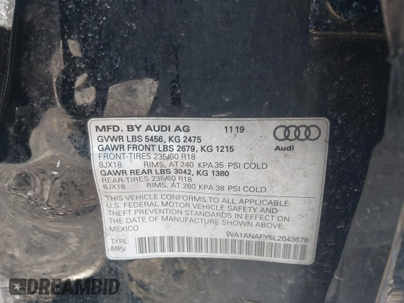 2020 Audi Q5 Premium with VIN WA1ANAFY5L2043678, listed as a IAAI auction lot 41893430 with 108,785 mi miles and . Bid and sale history available at DreamBid. Image 9.