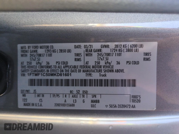 2021 Ford F-150 XL with VIN 1FTMF1C50MKD81601, listed as a Copart auction lot 49331765 with 65,702 mi miles and Salvage title. Bid and sale history available at DreamBid. Image 13.