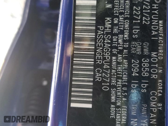2023 Hyundai Elantra SEL with VIN KMHLS4AG9PU472710, listed as a Copart auction lot 46644995 with 56,231 mi miles and Clean Title. Bid and sale history available at DreamBid. Image 12.