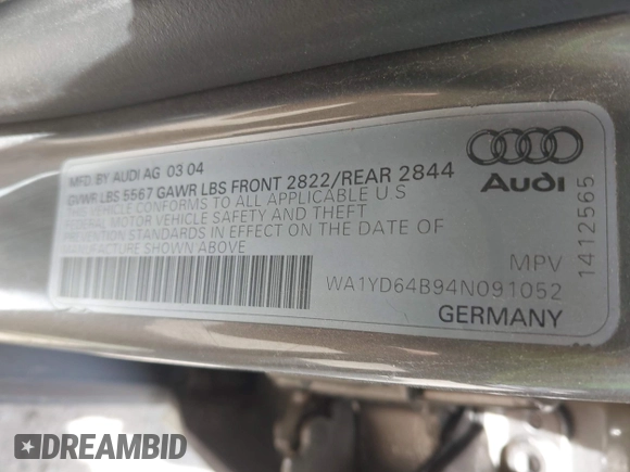 2004 Audi allroad A6 V8 with VIN WA1YD64B94N091052, listed as a IAAI auction lot 42069786 with 214,042 mi miles and . Bid and sale history available at DreamBid. Image 9.