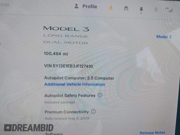 2018 Tesla Model 3 Long Range Battery z VIN 5YJ3E1EB3JF127410, wystawiony jako IAAI lot #41994858 z przebiegiem 100 494 mil mil oraz . Historia ofert i sprzedaży dostępna na DreamBid. Obrazek 7.