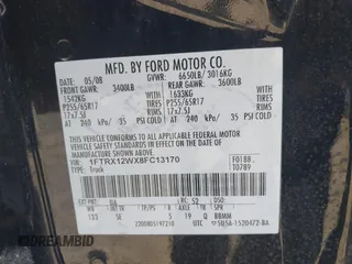 2008 Ford F-150 STX with VIN 1FTRX12WX8FC13170, listed as a IAAI auction lot 42807147 with 250,796 mi miles and . Bid and sale history available at DreamBid. Image 9.