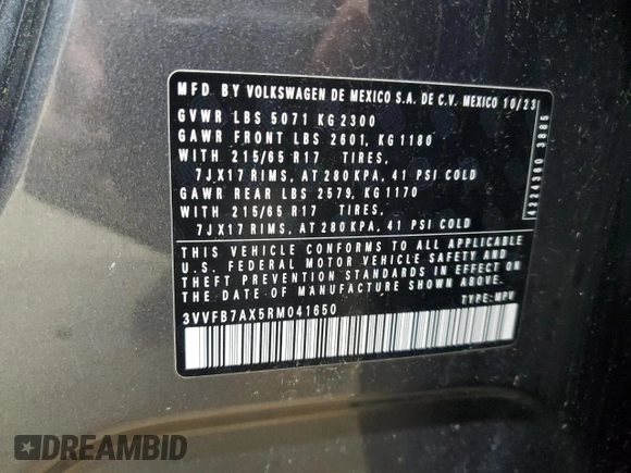2024 Volkswagen Tiguan S with VIN 3VVFB7AX5RM041650, listed as a Copart auction lot 54579575 with Not Provided miles and Non Repairable. Bid and sale history available at DreamBid. Image 13.