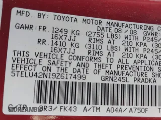 2009 Toyota Tacoma with VIN 5TELU42N19Z617499, listed as a IAAI auction lot 42137195 with 191,280 mi miles and . Bid and sale history available at DreamBid. Image 9.