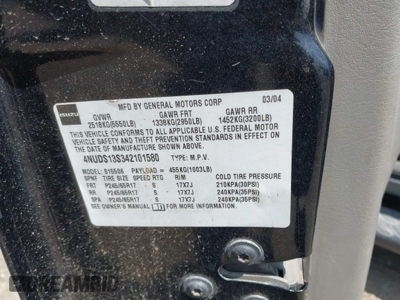 2004 Isuzu Ascender S with VIN 4NUDS13S342101580, listed as a IAAI auction lot 42581814 with 137,347 mi miles and . Bid and sale history available at DreamBid. Image 9.