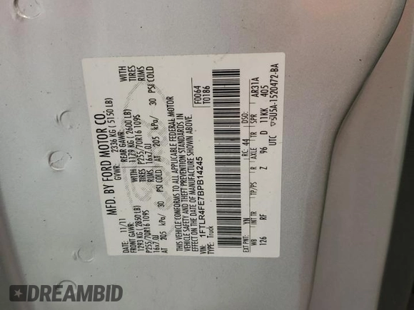 2011 Ford Ranger XLT with VIN 1FTLR4FE7BPB14245, listed as a Copart auction lot 59859165 with 65,432 mi miles and Salvage title. Bid and sale history available at DreamBid. Image 12.