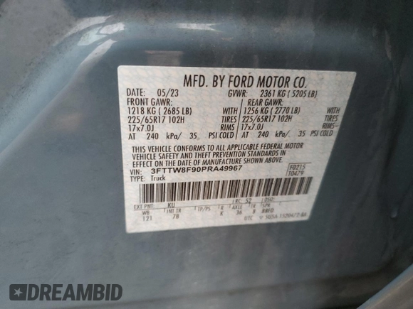 2023 Ford Maverick XL с VIN 3FTTW8F90PRA49967, выставлен на аукционе Copart как лот 55772845 с пробегом 66 622 миль миль и Списание • Salvage title. История ставок и продаж доступна на DreamBid. Изображение 12.