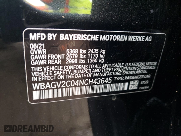 2022 BMW 8 Series 840i with VIN WBAGV2C04NCH43645, listed as a Copart auction lot 46637683 with 25,806 mi miles and . Bid and sale history available at DreamBid. Image 12.