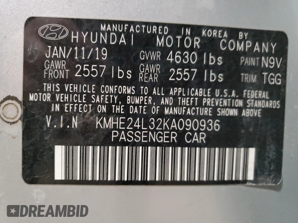 2019 Hyundai Sonata Hybrid SE with VIN KMHE24L32KA090936, listed as a Copart auction lot 49144353 with 80,044 mi miles. Bid and sale history available at carsss.com. Image 13.