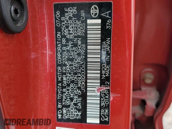 2006 Toyota Prius with VIN JTDKB20U063197924, listed as a Copart auction lot 53119755 with 262,382 mi miles and Salvage Title. Bid and sale history available at DreamBid. Image 12.