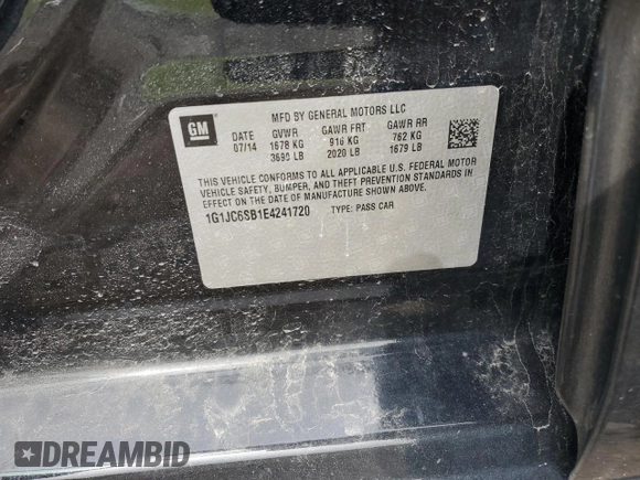 2014 Chevrolet Sonic LT with VIN 1G1JC6SB1E4241720, listed as a Copart auction lot 53123875 with 172,456 mi miles and Salvage Title. Bid and sale history available at carsss.com. Image 13.