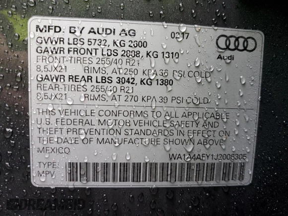 2018 Audi SQ5 Premium Plus with VIN WA1A4AFY1J2006305, listed as a Copart auction lot 37823484 with 98,000 mi miles and . Bid and sale history available at DreamBid. Image 12.