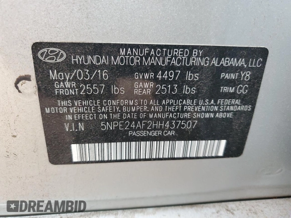 2017 Hyundai Sonata 2.4L with VIN 5NPE24AF2HH437507, listed as a Copart auction lot 54623255 with 72,882 mi miles and Clean Title. Bid and sale history available at carsss.com. Image 12.