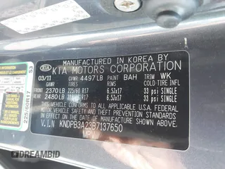 2011 Kia Sportage LX with VIN KNDPB3A23B7137650, listed as a IAAI auction lot 41979477 with 243,186 mi miles and . Bid and sale history available at carsss.com. Image 9.