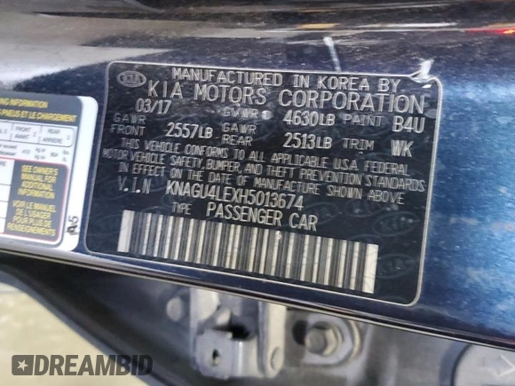 2017 Kia Optima EX with VIN KNAGU4LEXH5013674, listed as a Copart auction lot 76308204 with 122,493 mi miles and Salvage Title. Bid and sale history available at DreamBid. Image 14.