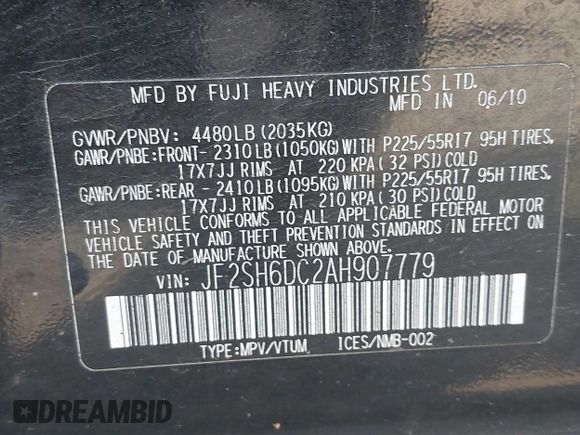 2010 Subaru Forester X Limited with VIN JF2SH6DC2AH907779, listed as a IAAI auction lot 42184155 with 134,326 mi miles and . Bid and sale history available at DreamBid. Image 9.