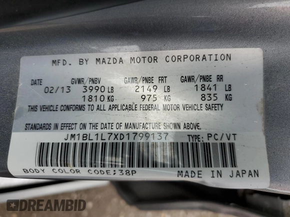 2013 Mazda 3 i Touring z VIN JM1BL1L7XD1799137, wystawiony jako Copart lot #52456445 z przebiegiem 175 319 mil mil oraz Szkoda całkowita • Salvage title. Historia ofert i sprzedaży dostępna na DreamBid. Obrazek 12.