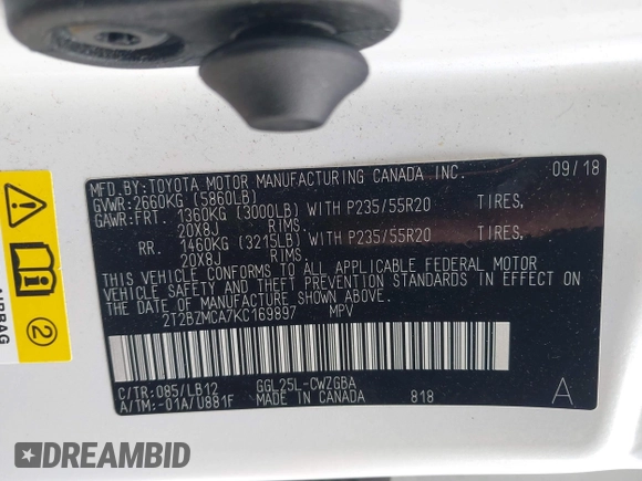 2019 Lexus RX 350 with VIN 2T2BZMCA7KC169897, listed as a IAAI auction lot 42312981 with 35,864 mi miles and . Bid and sale history available at DreamBid. Image 9.