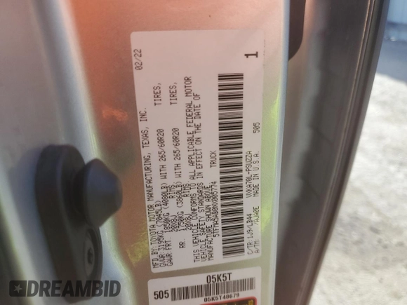 2022 Toyota Tundra 1794 Edition with VIN 5TFMA5AB0NX005774, listed as a Copart auction lot 85735374 with 75,415 mi miles and Salvage title. Bid and sale history available at DreamBid. Image 12.