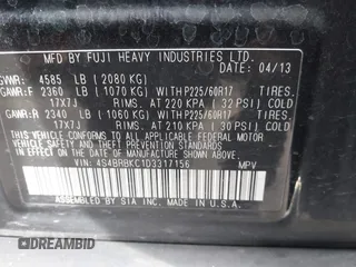 2013 Subaru Outback 2.5i Limited with VIN 4S4BRBKC1D3317156, listed as a IAAI auction lot 41488098 with 51,532 mi miles. Bid and sale history available at carsss.com. Image 9.